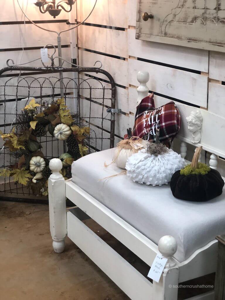 white bench with pumpkins